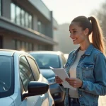 Femme souriante à côté d'une voiture neuve en concession