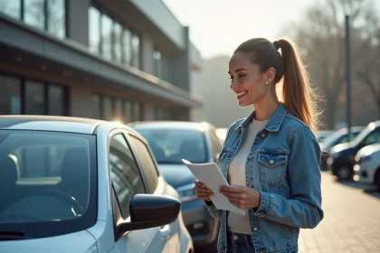 Femme souriante à côté d'une voiture neuve en concession