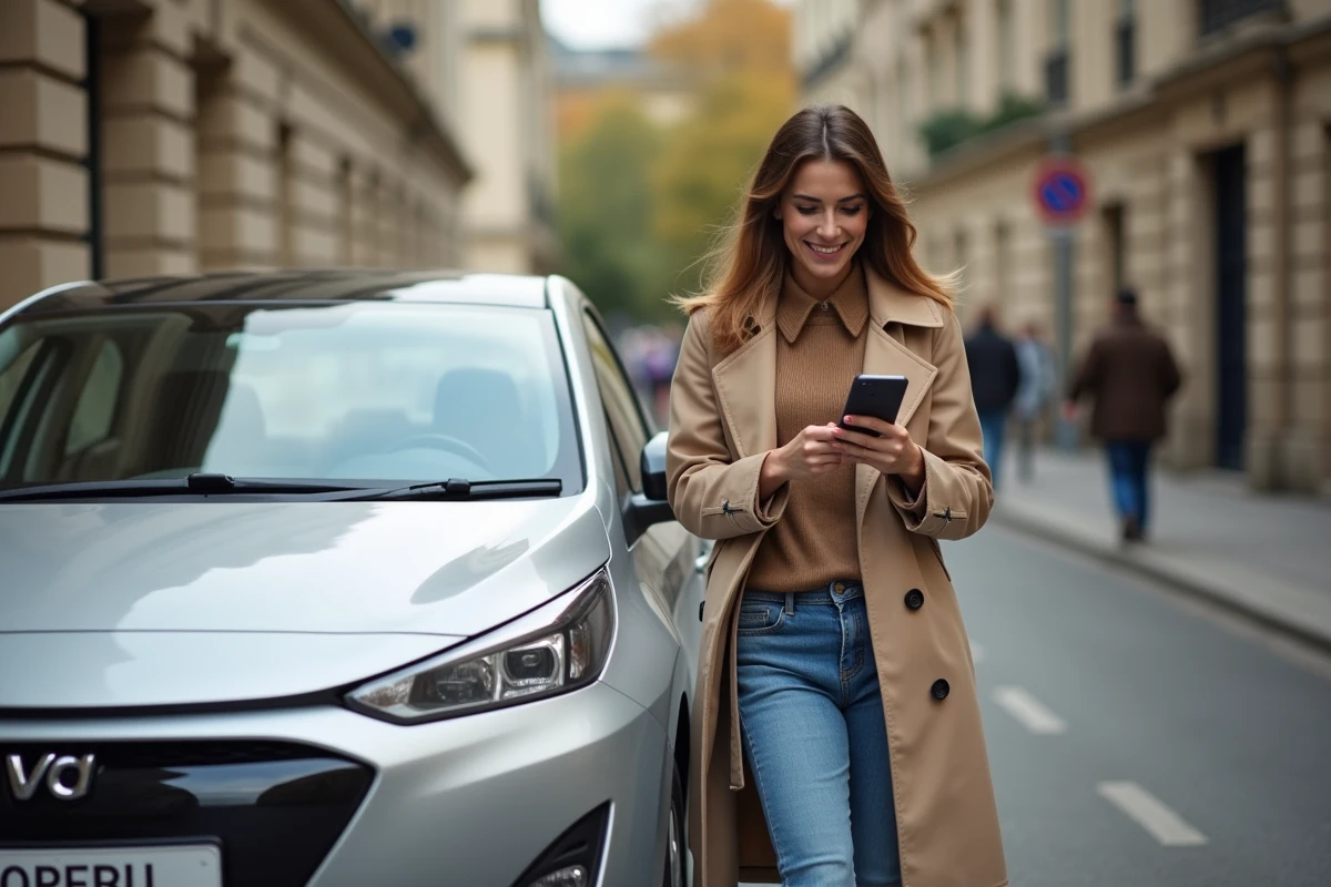 Femme française avec une voiture électrique en ville