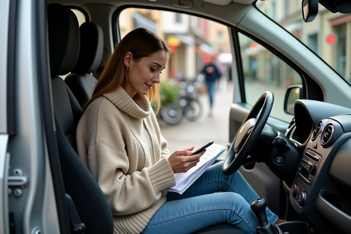 Jeune femme comparant dépenses de voiture dans une Peugeot Partner Tepee