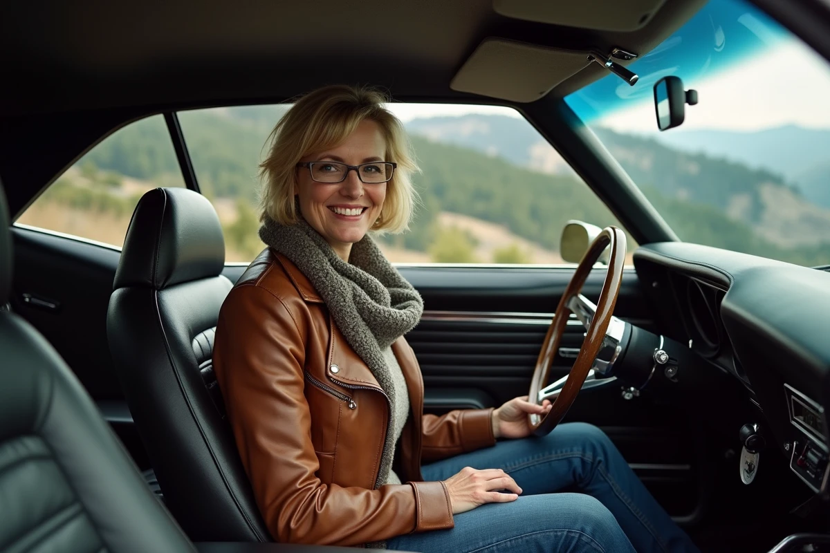 Femme souriante dans une Ford Camaro SS au scenic overlook