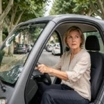 Une femme d'une cinquantaine d'années au volant d'une voiture sans permis dans une rue de banlieue française