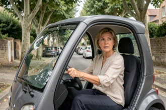 Une femme d'une cinquantaine d'années au volant d'une voiture sans permis dans une rue de banlieue française