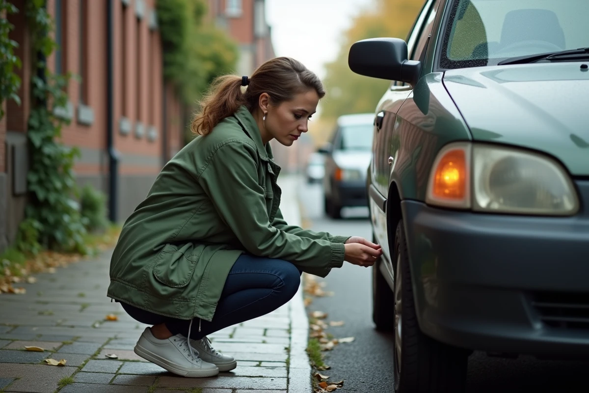 Femme inspectant un pneu de voiture d