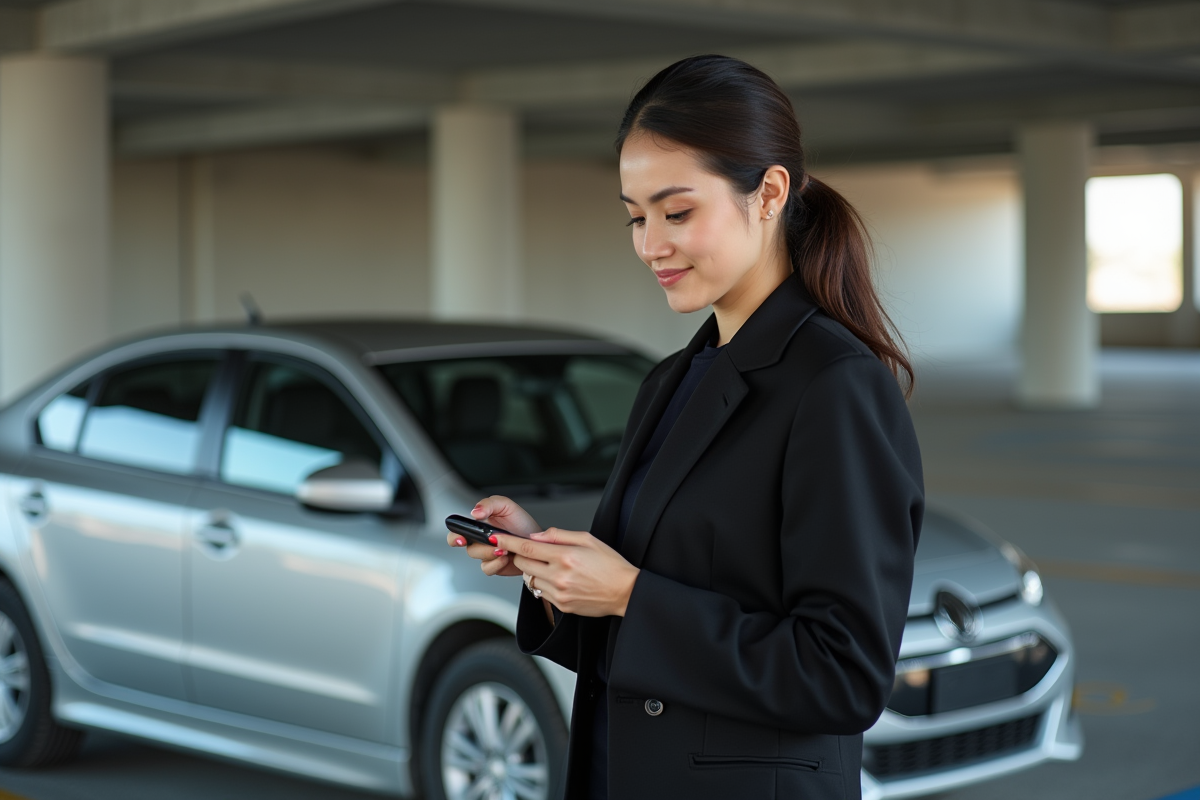 Jeune femme dans un parking avec clé de voiture