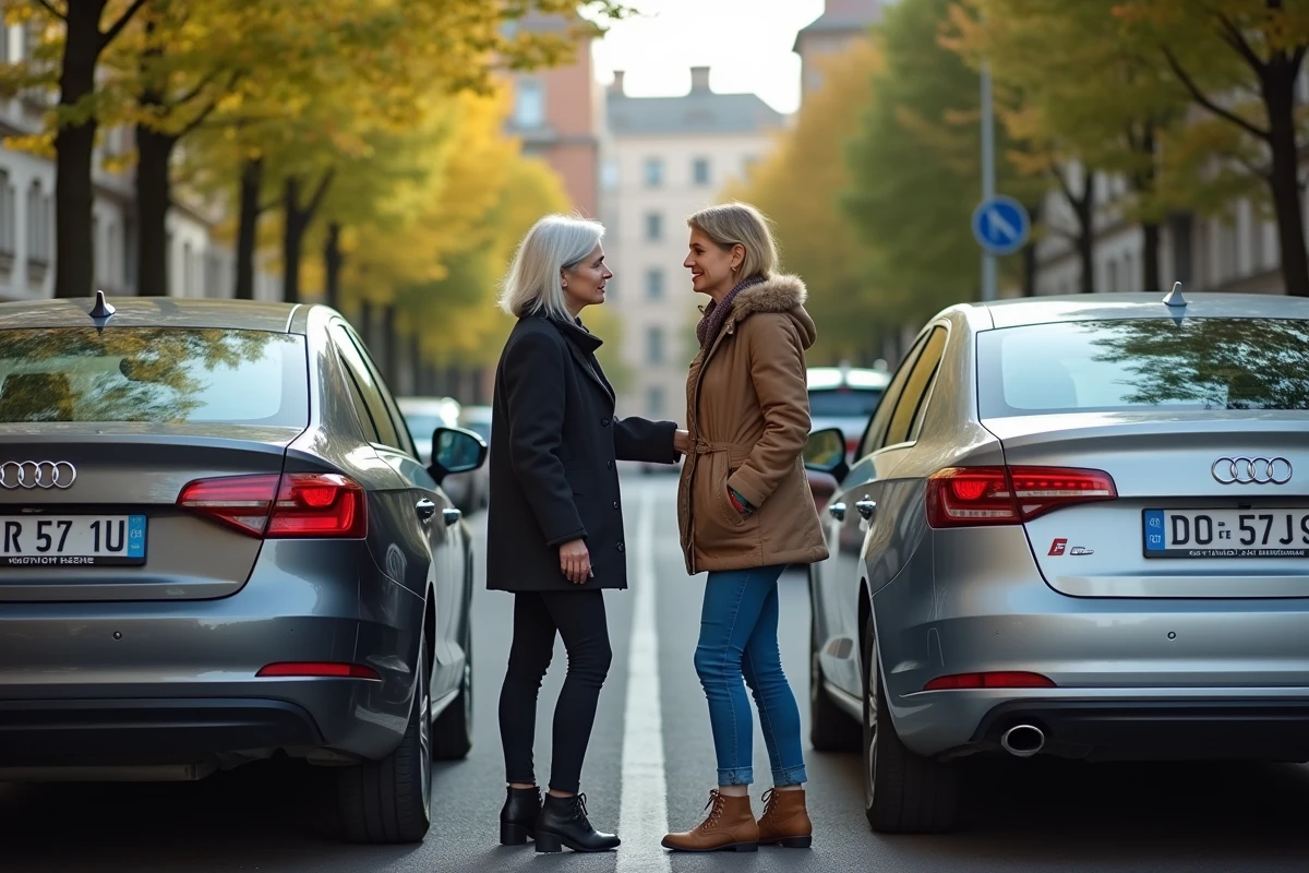 Deux femmes discutant près de leurs voitures avec plaques contrastées