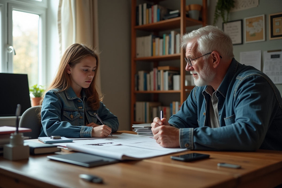 Fille et son père dans un bureau à la maison