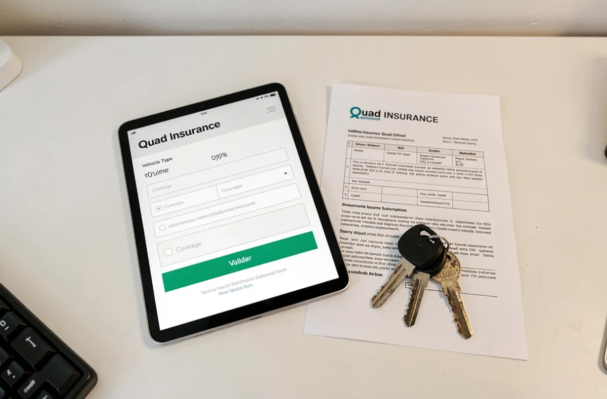 Tablette affichant un formulaire de souscription d'assurance quad en ligne avec clés de quad et documents