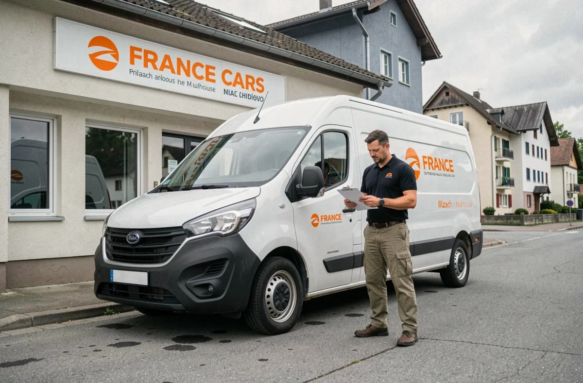 Employé France Cars inspectant un utilitaire blanc devant l'agence de location à Illzach près de Mulhouse