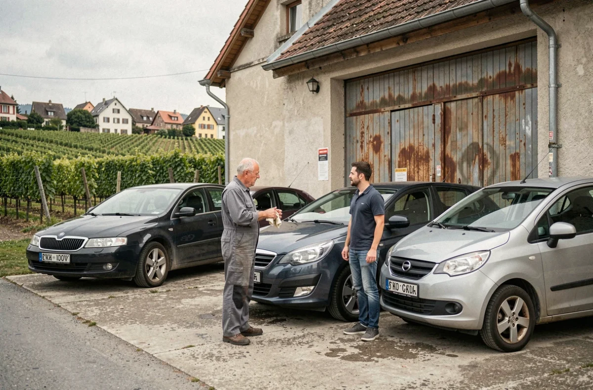 Propriétaire du Garage Fuchs ML Autos discutant avec un client devant des véhicules de location à Muntzenheim