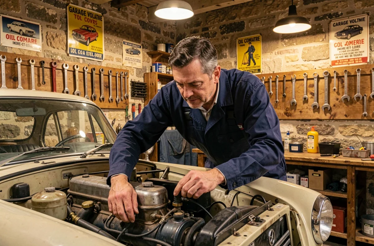 Mécanicien travaillant sur le moteur d'une voiture ancienne dans l'atelier du Garage Voltaire à Tours