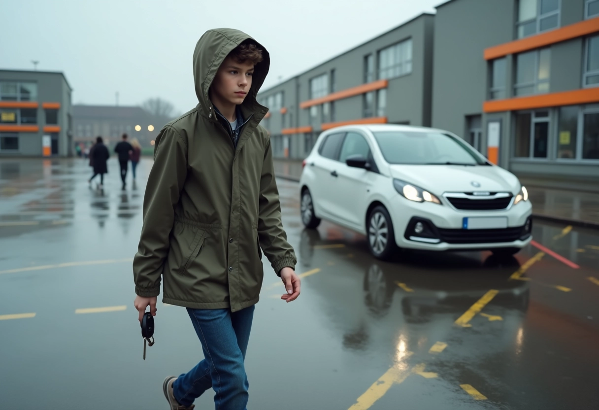 Garçon français marche vers une voiture au lycée par temps gris