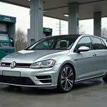 Volkswagen Golf 7 argentée à la pompe à carburant, illustrant la consommation réelle aux 100 km