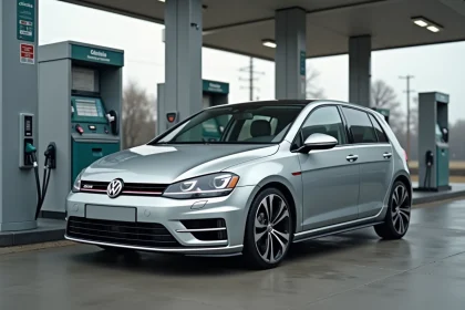 Volkswagen Golf 7 argentée à la pompe à carburant, illustrant la consommation réelle aux 100 km