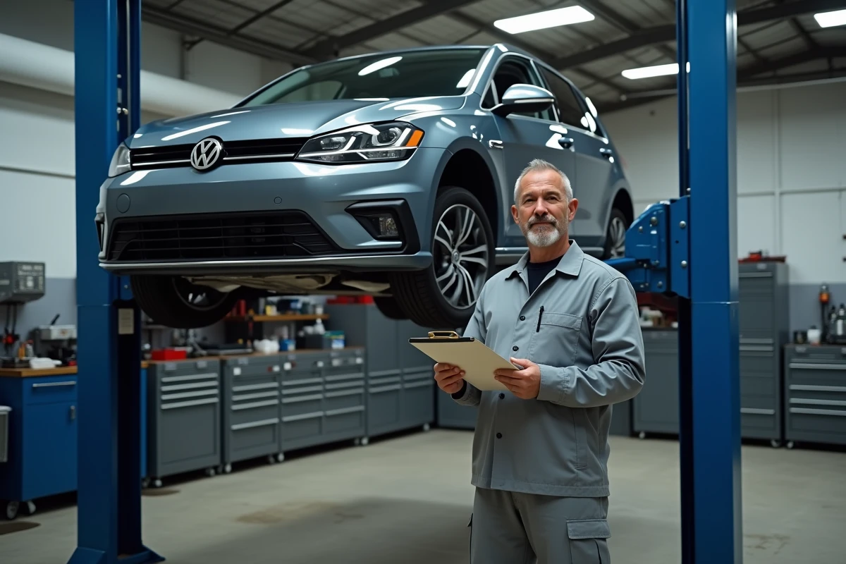 Mécanicien inspectant une Volkswagen Golf 7 sur pont élévateur dans un garage, analyse du poids et de l'impact sur la consommation