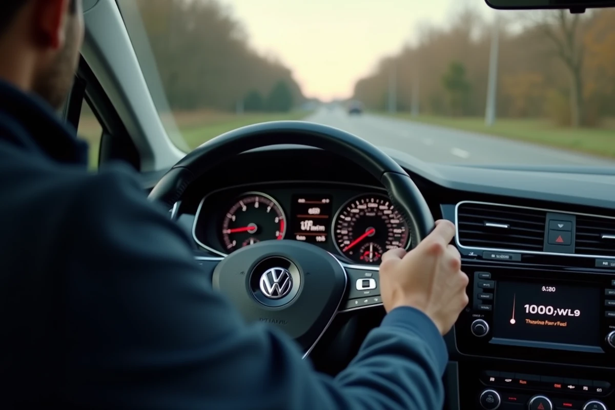 Tableau de bord d'une Golf 7 affichant la consommation moyenne en litres aux 100 km lors d'un trajet urbain