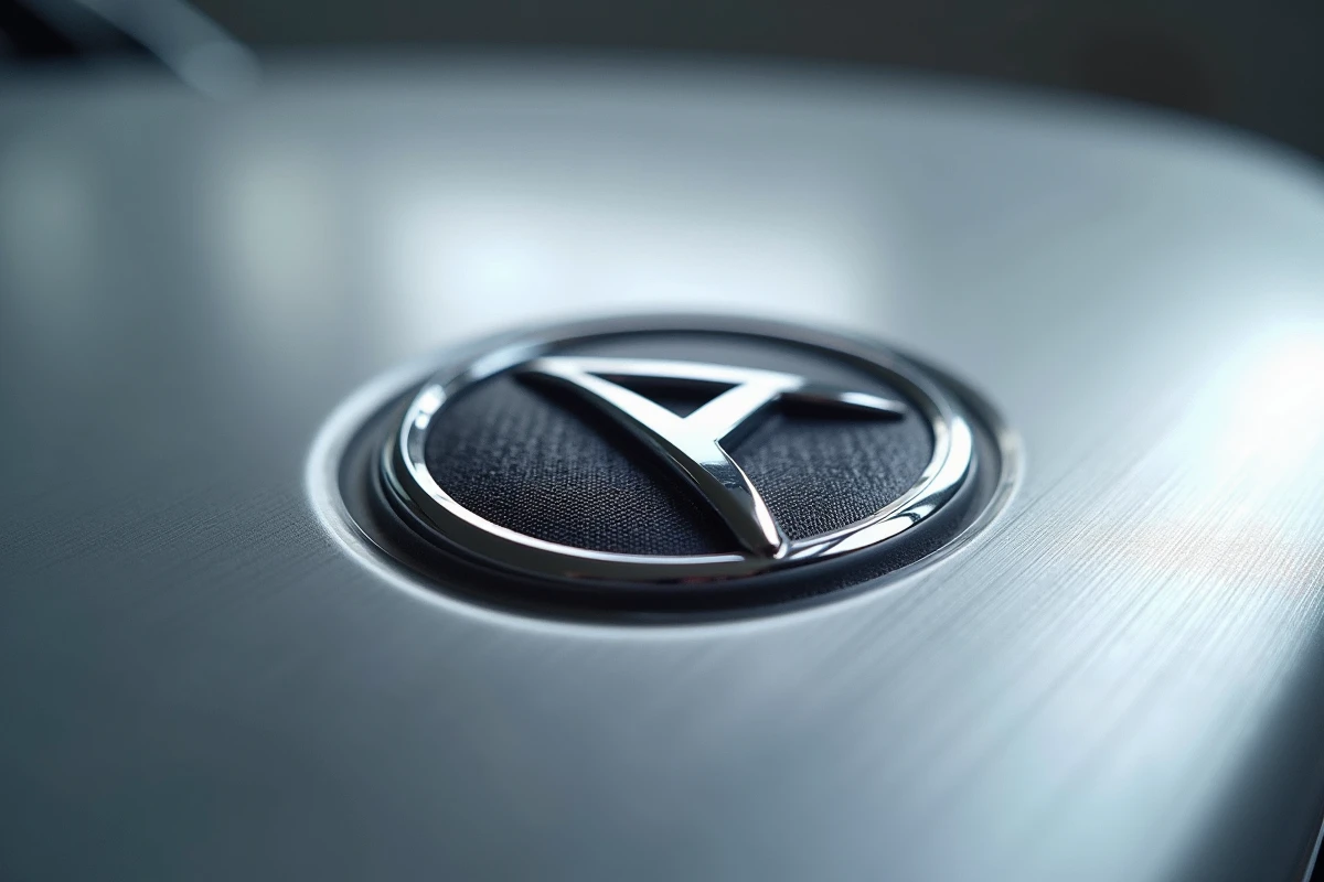 Gros plan macro sur le badge logo Alpine en chrome sur surface aluminium brossé dans un studio design automobile