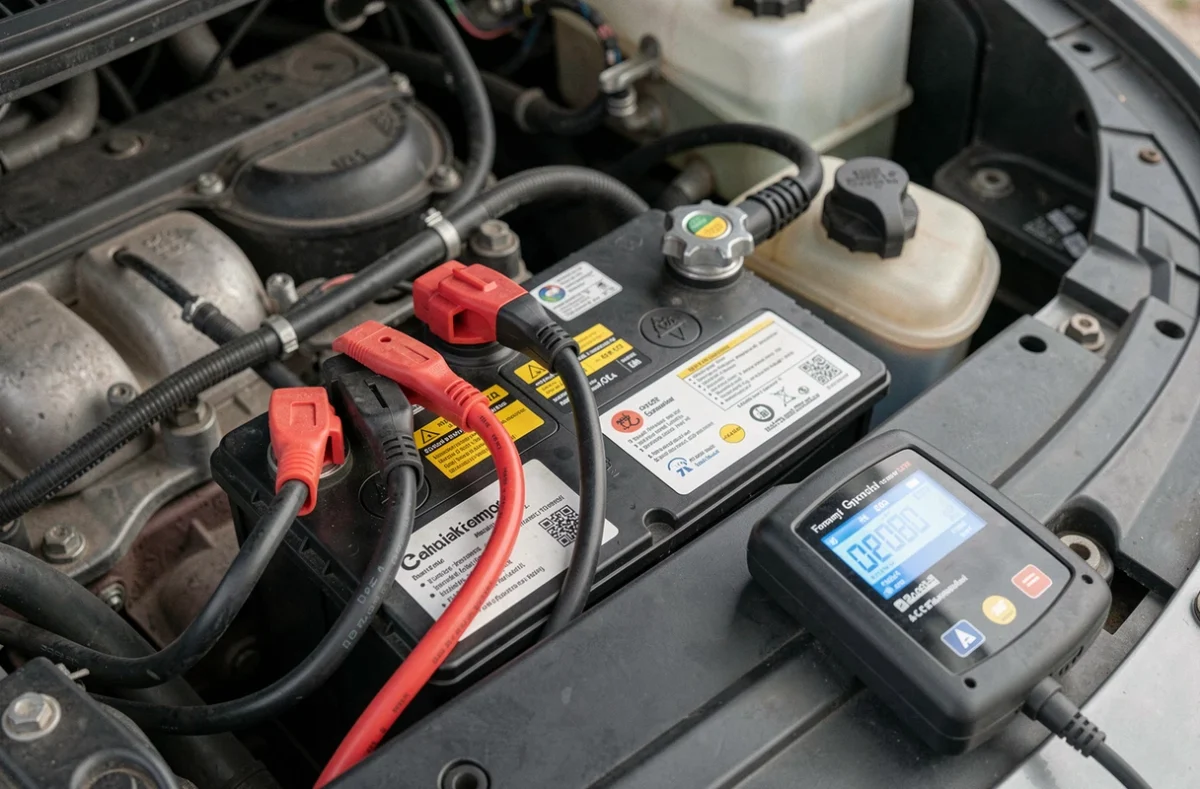 Gros plan sur les bornes d'une batterie de voiture avec un chargeur branché et affichage numérique de charge