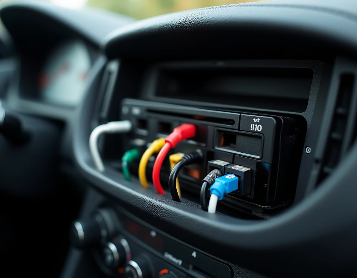 Gros plan sur le faisceau de câbles colorés d'un autoradio Peugeot avec connecteurs et fils dénudés visibles
