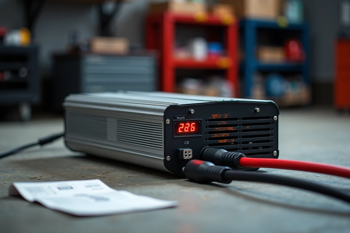 Gros plan d'un convertisseur 12V 220V sous-dimensionné posé sur un sol de garage avec grilles de ventilation surchauffées et affichage d'un code d'erreur