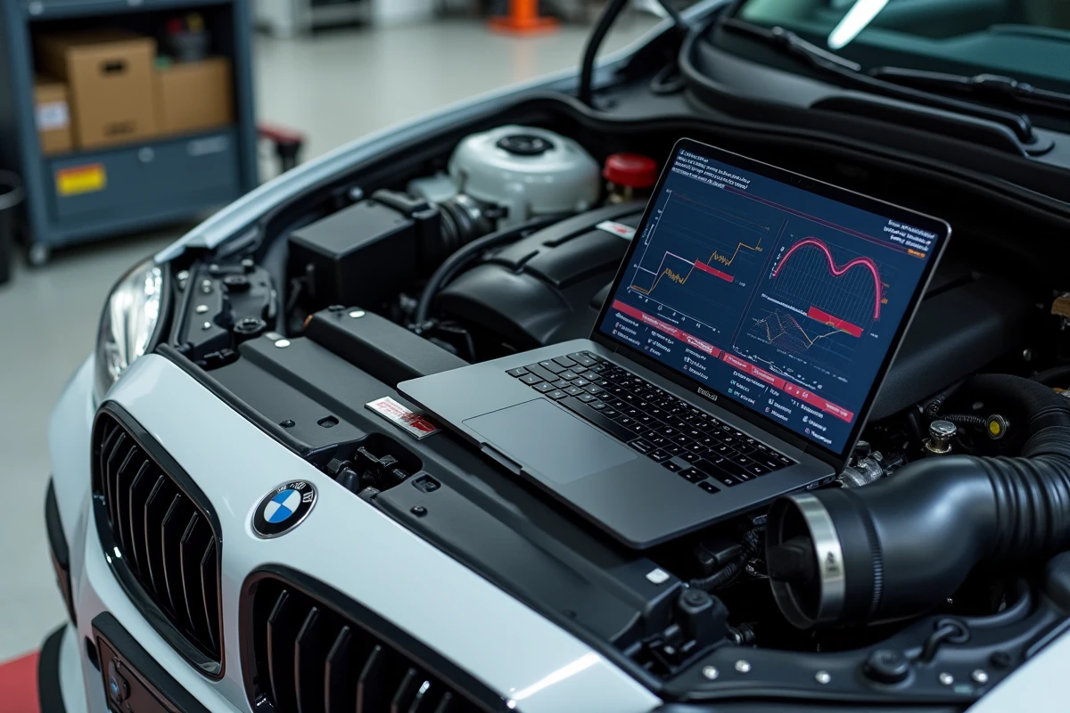 Gros plan sur un moteur turbo et un écran de reprogrammation ECU affichant des courbes de couple lors d'une session de tuning moteur
