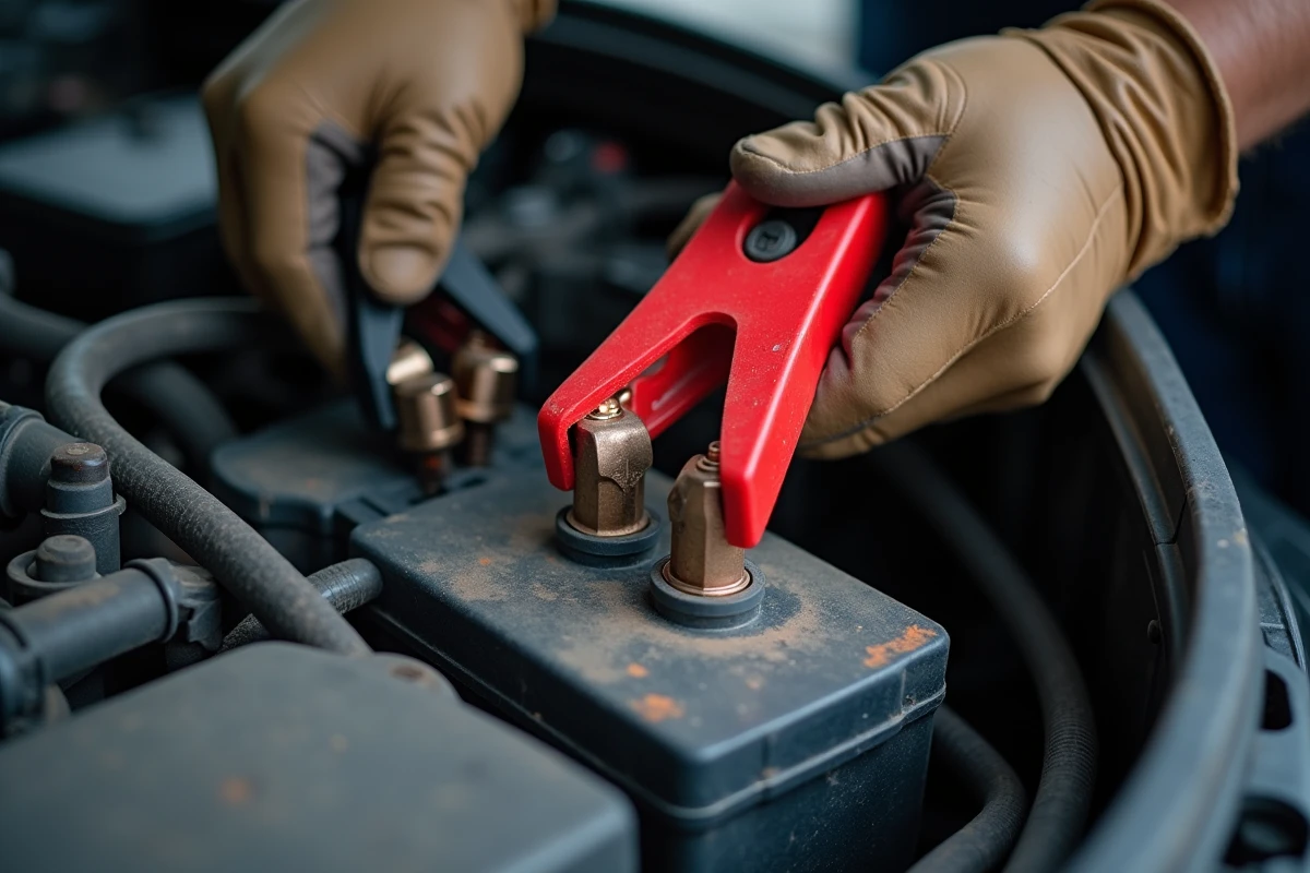Gros plan sur des pinces de câbles de démarrage connectées aux bornes d'une batterie de voiture dans le compartiment moteur