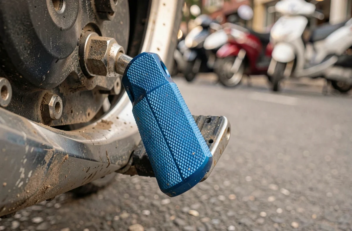 Gros plan sur un shifter moto aftermarket en aluminium anodisé monté sur un repose-pied de moto de ville