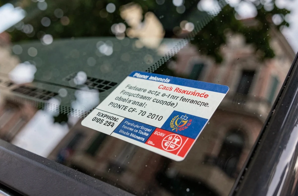 Gros plan sur une vignette d'assurance voiture collée dans le coin du pare-brise avec texte lisible