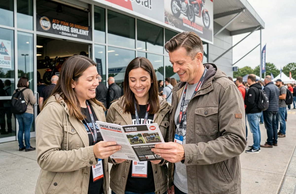 Groupe d'amis passionnés de moto consultant le programme du salon du 2 roues de Lyon 2026 à l'entrée de l'événement
