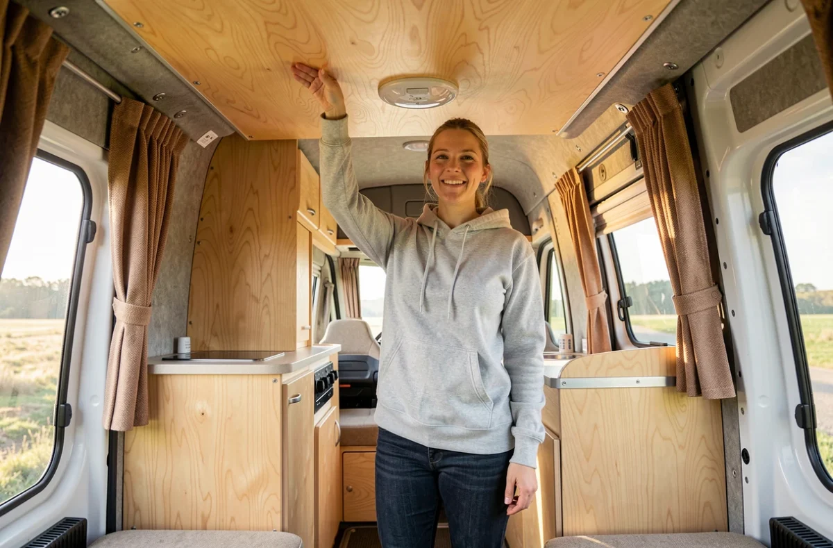 Femme debout sous le plafond aménagé d'un van Renault Master L2H2 montrant la hauteur disponible