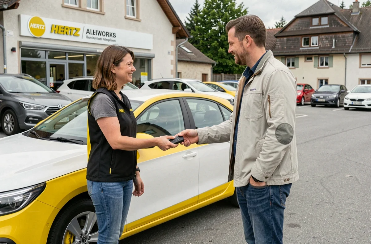 Agente Hertz remettant les clés d'un véhicule à un client dans un parking de location automobile dans le Haut-Rhin