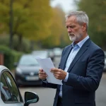 Homme d'affaires regardant des papiers à côté de sa voiture