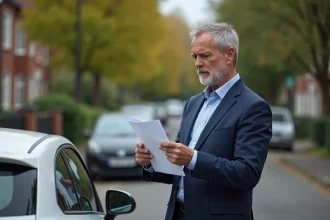 Homme d'affaires regardant des papiers à côté de sa voiture