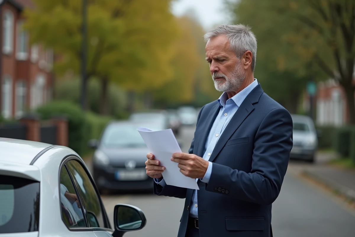 Homme d'affaires regardant des papiers à côté de sa voiture