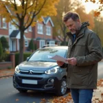 Homme d'âge moyen vérifiant documents d'assurance à côté d'une Peugeot Partner