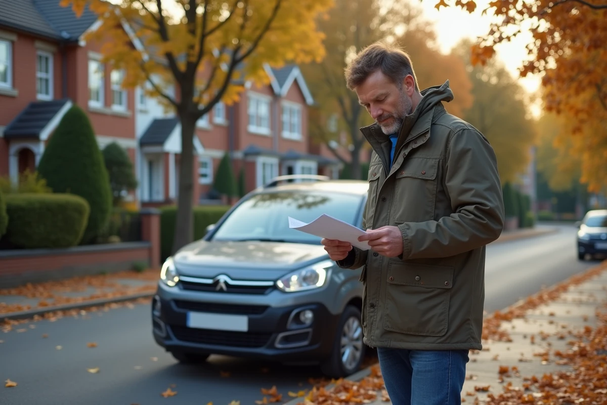 Homme d'âge moyen vérifiant documents d'assurance à côté d'une Peugeot Partner