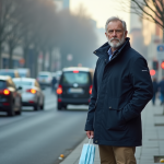 Homme belge en veste marine et pantalon kaki dans la ville avec masque