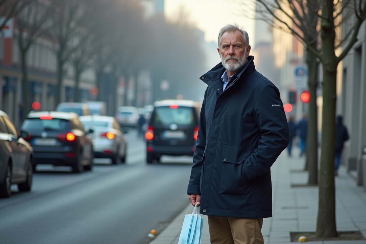 Homme belge en veste marine et pantalon kaki dans la ville avec masque
