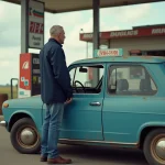 Homme pensif à côté de sa voiture à une station essence rurale