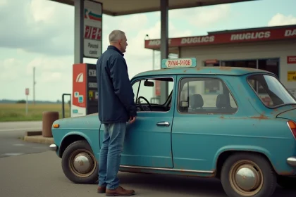 Homme pensif à côté de sa voiture à une station essence rurale