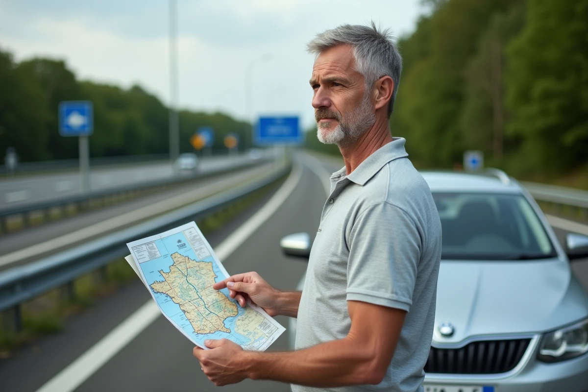 Homme consultant une carte routière des autoroutes françaises dans une aire de repos