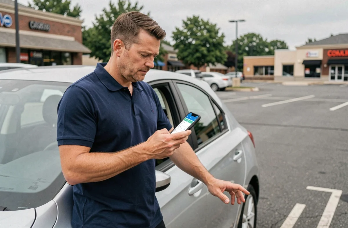 Homme comparant des offres d'assurance auto sans franchise sur son smartphone près de sa voiture