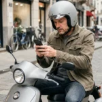 Homme consulte un comparateur d'assurance scooter 3 roues sur smartphone en ville