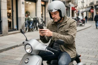 Homme consulte un comparateur d'assurance scooter 3 roues sur smartphone en ville