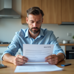 Homme d'âge moyen examine un contrat de garantie à la maison