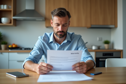 Homme d'âge moyen examine un contrat de garantie à la maison