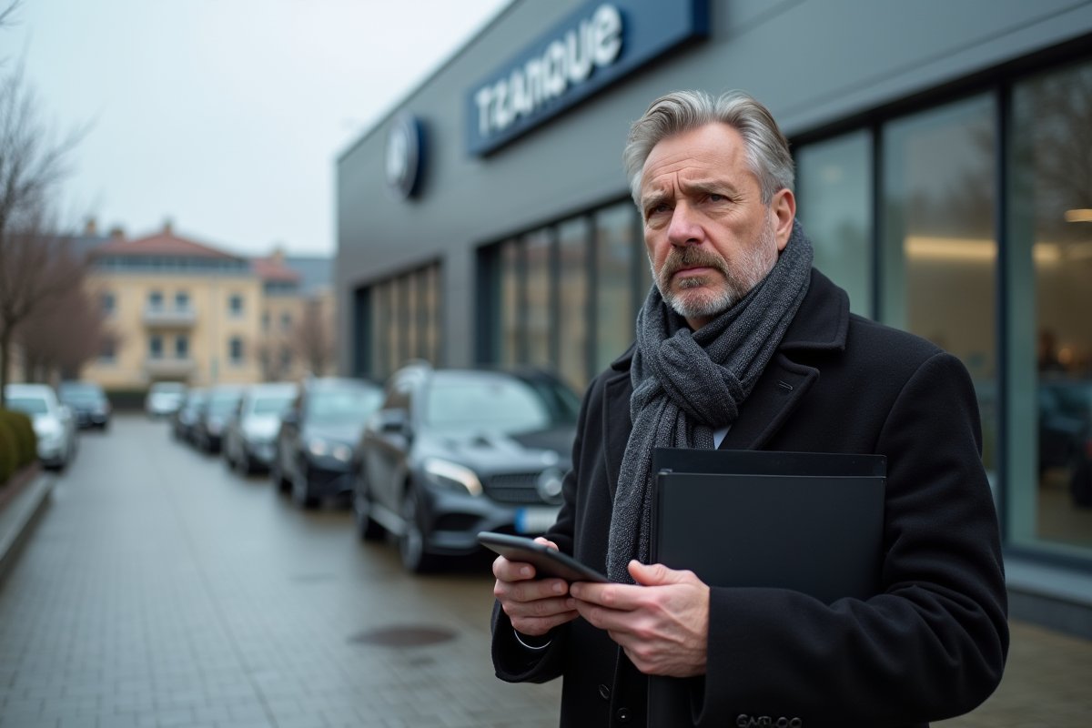 Homme avec dossier devant un concessionnaire automobile