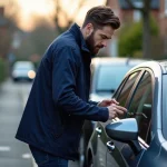 Homme en veste marine déverrouillant une voiture moderne