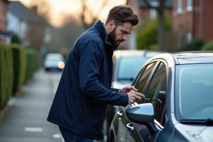 Homme en veste marine déverrouillant une voiture moderne