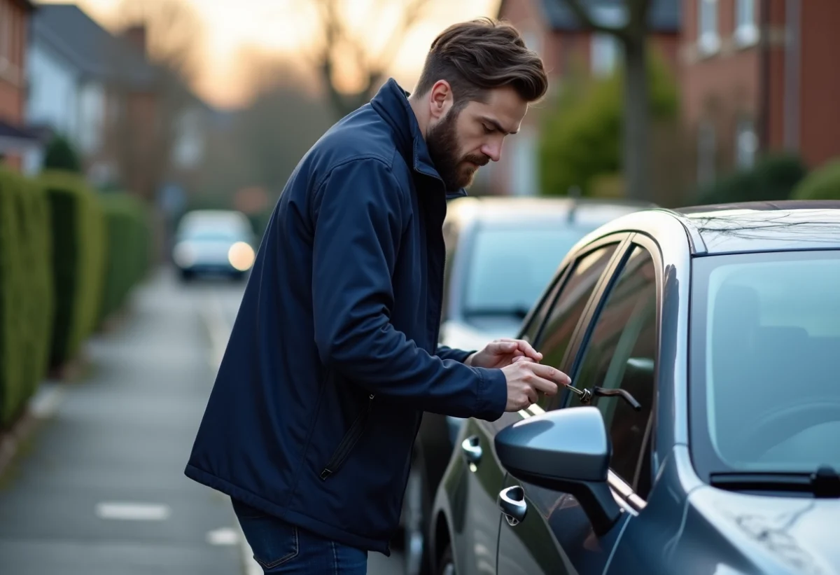Homme en veste marine déverrouillant une voiture moderne